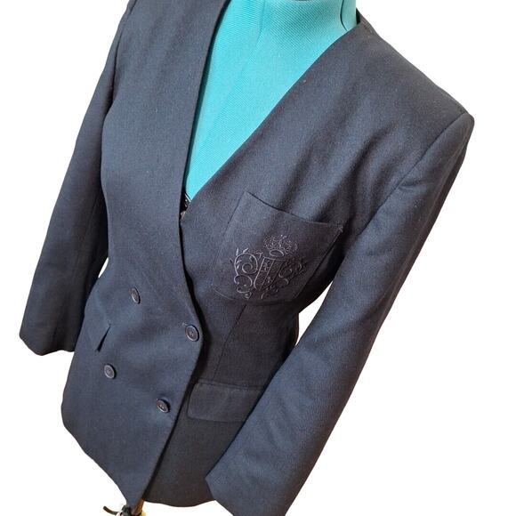 Vintage 90s Black Wool Double Breasted Crest Blazer Jacket Women Size 8 Medium - Picture 4 of 8